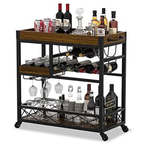 ohsuaniy bar cart industrial kitchen serving carts for home 3 tier storage trolley with wine rack glasses holder two portable trays universal casters with brakes rustic rolling cart alcoholic beverage