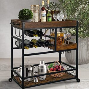 Ohsuaniy Bar Cart Industrial Kitchen Serving Carts for Home 3 Tier Storage Trolley with Wine Rack Glasses Holder Two Portable Trays Universal Casters with Brakes Rustic Rolling Cart Alcoholic Beverage