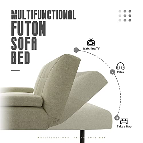 IULULU Sofa Bed, Modern Convertible Futon Sleeper Couch Daybed with 2 Cup Holders, Removable Memory Foam Armrests for Studio, Apartment, Office,Living Room, Khaki Sage