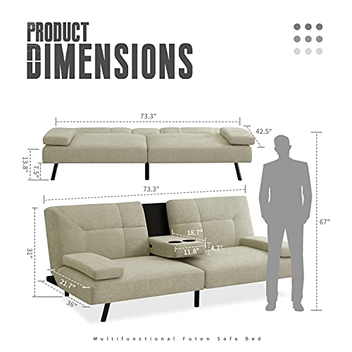 IULULU Sofa Bed, Modern Convertible Futon Sleeper Couch Daybed with 2 Cup Holders, Removable Memory Foam Armrests for Studio, Apartment, Office,Living Room, Khaki Sage