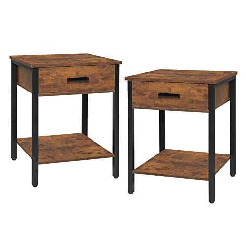 Iwell Nightstands Set of 2, End Table, Side Table, Bedside Table with Drawer and Storage Shelf for Bedroom, Small Space, Easy Assembly, Steel, Industrial Design, Rustic Brown