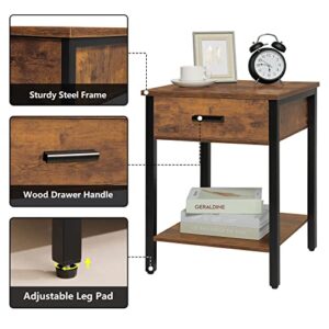 Iwell Nightstands Set of 2, End Table, Side Table, Bedside Table with Drawer and Storage Shelf for Bedroom, Small Space, Easy Assembly, Steel, Industrial Design, Rustic Brown