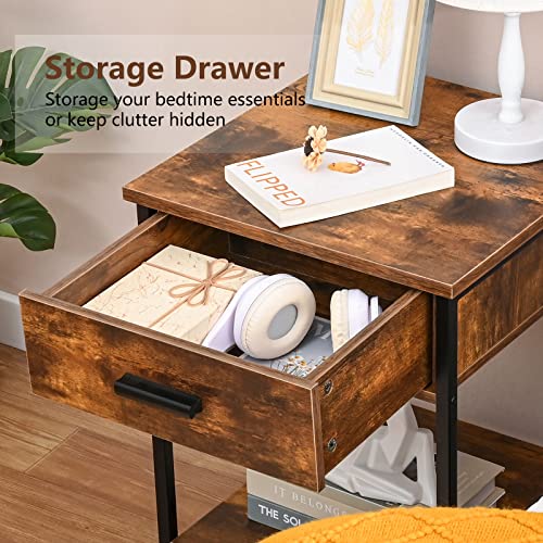 Iwell Nightstands Set of 2, End Table, Side Table, Bedside Table with Drawer and Storage Shelf for Bedroom, Small Space, Easy Assembly, Steel, Industrial Design, Rustic Brown