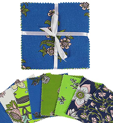 Soimoi Florals Print Precut 5-inch Cotton Fabric Quilting Squares Charm Pack DIY Patchwork Sewing Craft- Blue
