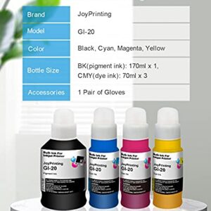 JoyPrinting GI-20 Refill Ink Bottles Kit Replacement for Canon GI20PGBK GI20 Ink Work for Canon PIXMA G6020 G7020 5020 MegaTank Printers (1 Pigment Black / 1 Cyan / 1 Magenta / 1Yellow, 4 Pack)