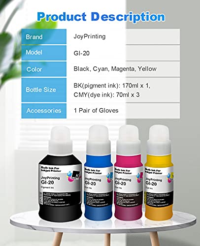 JoyPrinting GI-20 Refill Ink Bottles Kit Replacement for Canon GI20PGBK GI20 Ink Work for Canon PIXMA G6020 G7020 5020 MegaTank Printers (1 Pigment Black / 1 Cyan / 1 Magenta / 1Yellow, 4 Pack)