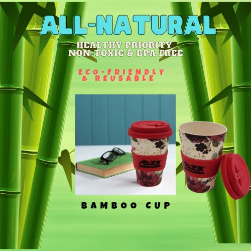 NAZE Eco-Friendly Bamboo Cup Natural Organic Bamboo Fiber Travel Mug, Reusable Coffee Cup, with Silicone Lid & Sleeve, With Rose Print, Bamboo Travel Cup For Coffee Tea or Milk. Pack of 1 Bamboo Mug