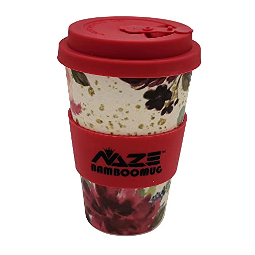 NAZE Eco-Friendly Bamboo Cup Natural Organic Bamboo Fiber Travel Mug, Reusable Coffee Cup, with Silicone Lid & Sleeve, With Rose Print, Bamboo Travel Cup For Coffee Tea or Milk. Pack of 1 Bamboo Mug