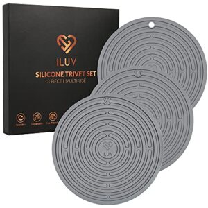 iluv silicone trivets - extra thick for hot/cold pans, pots, and dishes holders - coffee mats, tea pads, utensil spoon rest - heat resistant food grade cooking/baking/serving - multi-use 8" 3pcs gray