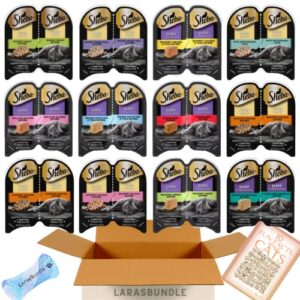 sheba perfect portions pate wet cat food cuts in gravy variety pack all flavors, beef, chicken, salmon, turkey, tuna, white fish, multipack (24 servings) with lara's booklet bundle