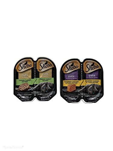 Sheba Perfect Portions Pate Wet Cat Food Cuts in Gravy Variety Pack All Flavors, Beef, Chicken, Salmon, Turkey, Tuna, White Fish, Multipack (24 Servings) with Lara's Booklet Bundle