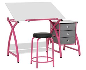 sd studio designs 2 piece comet center plus, craft table and matching stool set with storage and adjustable top, 50" w x 23.75" d x 29.5" h, pink/white
