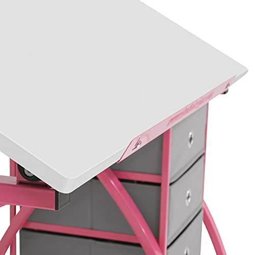 SD STUDIO DESIGNS 2 Piece Comet Center Plus, Craft Table and Matching Stool Set with Storage and Adjustable Top, 50" W x 23.75" D x 29.5" H, Pink/White