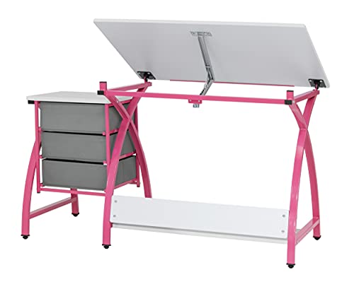 SD STUDIO DESIGNS 2 Piece Comet Center Plus, Craft Table and Matching Stool Set with Storage and Adjustable Top, 50" W x 23.75" D x 29.5" H, Pink/White