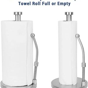 Paper Towel Holder Countertop,Longer Spring Arm(8cm) Stainless Steel Kitchen Paper Towel Holder Stand,Brushed Nickel Easy Tearing Paper Towel Dispenser with Weighted Base Fit Most Size Paper Roll,V1