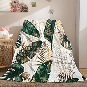 bedbay leaf blanket soft flannel throw blanket for couch green blanket green and gold palm leaf printed lightweight plush throw fleece blanket for bed sofa chair (leaf, throw(50"x60"))