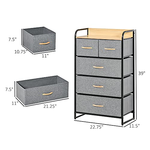 HOMCOM 5-Drawer Fabric Dresser Tower, 4-Tier Storage Organizer with Steel Frame for Hallway, Bedroom and Closet, Light Grey