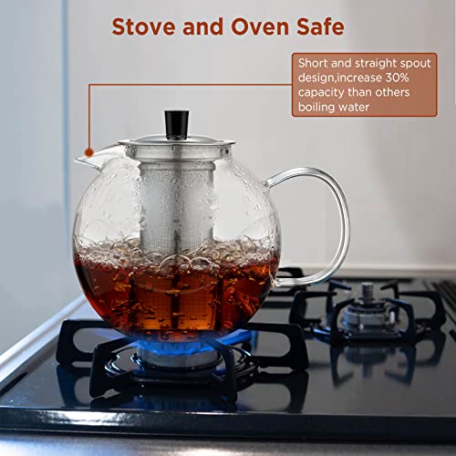 1500m Glass Teapot with Removable Stainless Infuser(52oz), Ehugos Stovetop Safe Large Tea Pot, Hand Crafted Kettle for Women and Adult, for Loose Leaf Tea, Hot and Iced Water, Juice Beverage