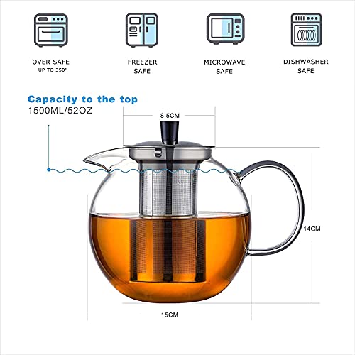 1500m Glass Teapot with Removable Stainless Infuser(52oz), Ehugos Stovetop Safe Large Tea Pot, Hand Crafted Kettle for Women and Adult, for Loose Leaf Tea, Hot and Iced Water, Juice Beverage