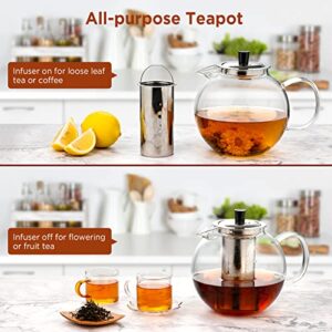 1500m Glass Teapot with Removable Stainless Infuser(52oz), Ehugos Stovetop Safe Large Tea Pot, Hand Crafted Kettle for Women and Adult, for Loose Leaf Tea, Hot and Iced Water, Juice Beverage