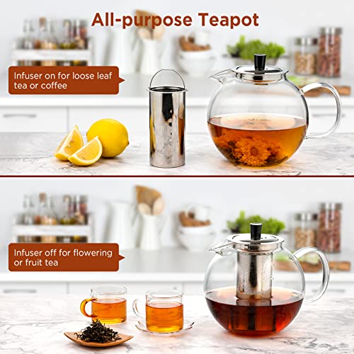 1500m Glass Teapot with Removable Stainless Infuser(52oz), Ehugos Stovetop Safe Large Tea Pot, Hand Crafted Kettle for Women and Adult, for Loose Leaf Tea, Hot and Iced Water, Juice Beverage