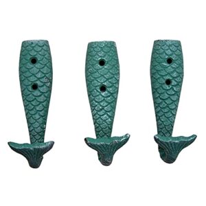 Cast Iron Mermaid Tail Wall Hooks, Beach Themed Décor, Set of 3, 5 Inches