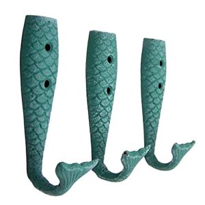 Cast Iron Mermaid Tail Wall Hooks, Beach Themed Décor, Set of 3, 5 Inches