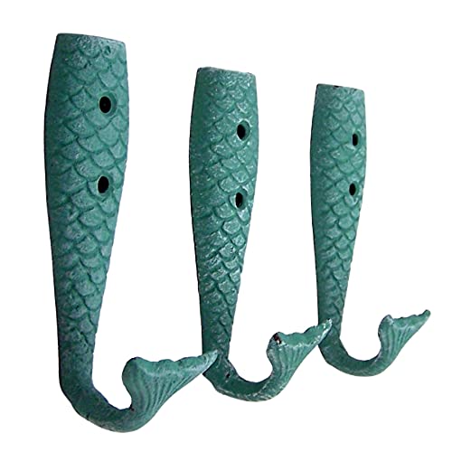 Cast Iron Mermaid Tail Wall Hooks, Beach Themed Décor, Set of 3, 5 Inches