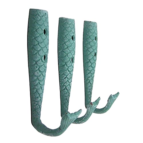 Cast Iron Mermaid Tail Wall Hooks, Beach Themed Décor, Set of 3, 5 Inches