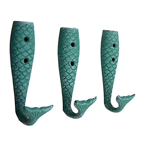 Cast Iron Mermaid Tail Wall Hooks, Beach Themed Décor, Set of 3, 5 Inches