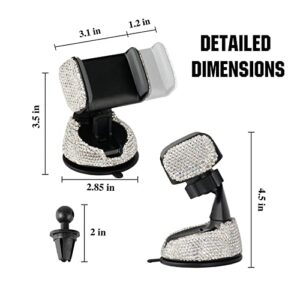 Amiss Universal Bling Cell Phone Holder, 360°Adjustable Car Phone Mount with One More Air Vent Base, Crystal Car Interior Decoration, for Windshield, Dashboard and Air Vent (White)