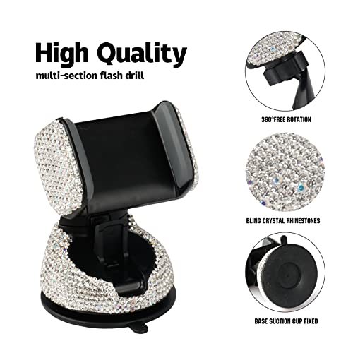 Amiss Universal Bling Cell Phone Holder, 360°Adjustable Car Phone Mount with One More Air Vent Base, Crystal Car Interior Decoration, for Windshield, Dashboard and Air Vent (White)