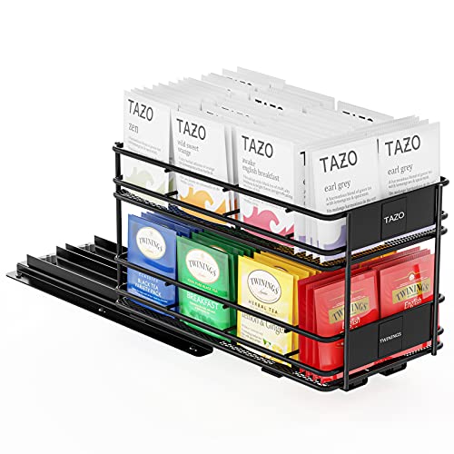 SpaceAid Pull Out Tea Bag Organizer Rack for Cabinet, Heavy Duty Slide Out Teabag Organizer for Kitchen Cabinets, with 70 Labels and Chalk Marker, 5.6"W x10.6"D x 6.6"H, 1 Drawer 2-Tier, Black