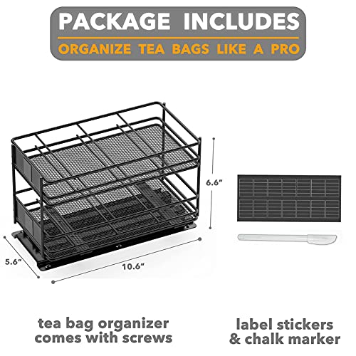 SpaceAid Pull Out Tea Bag Organizer Rack for Cabinet, Heavy Duty Slide Out Teabag Organizer for Kitchen Cabinets, with 70 Labels and Chalk Marker, 5.6"W x10.6"D x 6.6"H, 1 Drawer 2-Tier, Black