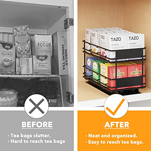 SpaceAid Pull Out Tea Bag Organizer Rack for Cabinet, Heavy Duty Slide Out Teabag Organizer for Kitchen Cabinets, with 70 Labels and Chalk Marker, 5.6"W x10.6"D x 6.6"H, 1 Drawer 2-Tier, Black