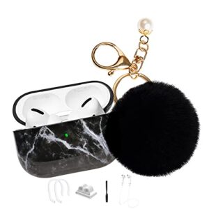 case for airpods pro, molova marble airpod pro case cover for apple airpods pro wireless charging case, cute air pods 3 case tpu hard protective accessories with keychain/pompom/strap (black)