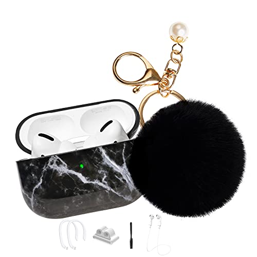 Case for Airpods Pro, MOLOVA Marble Airpod Pro Case Cover for Apple AirPods Pro Wireless Charging Case, Cute Air Pods 3 Case TPU Hard Protective Accessories with Keychain/Pompom/Strap (Black)