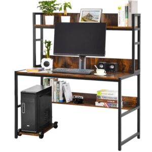 waytrim computer desk, 48“ office desk, large space writing table with storage bookshelf & mobile cpu stand, retro brown