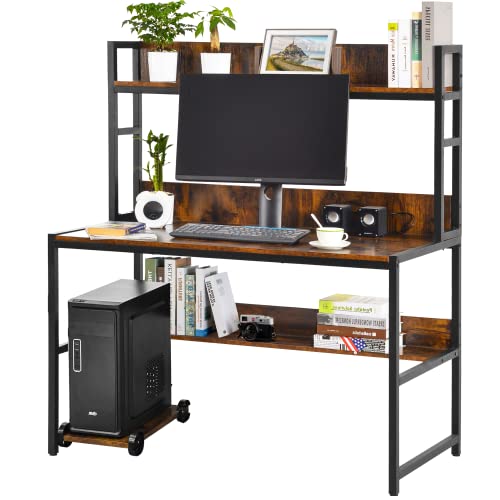 WAYTRIM Computer Desk, 48“ Office Desk, Large Space Writing Table with Storage Bookshelf & Mobile CPU Stand, Retro Brown