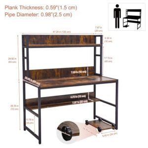 WAYTRIM Computer Desk, 48“ Office Desk, Large Space Writing Table with Storage Bookshelf & Mobile CPU Stand, Retro Brown