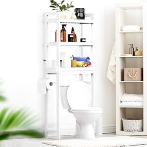 purbambo over the toilet storage, 3-tier bamboo shelf organizer storage rack with toilet paper holder & 3 hooks for bathroom, balcony, porch, laundry - white