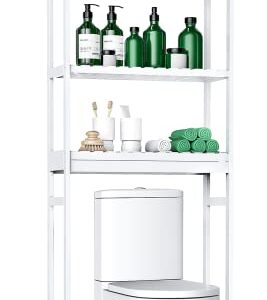 Purbambo Over The Toilet Storage, 3-Tier Bamboo Shelf Organizer Storage Rack with Toilet Paper Holder & 3 Hooks for Bathroom, Balcony, Porch, Laundry - White