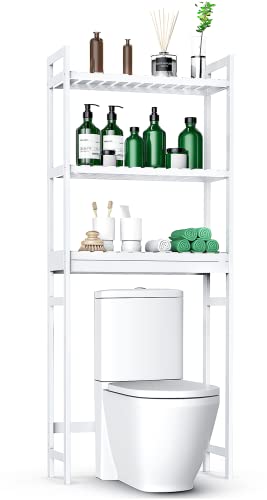Purbambo Over The Toilet Storage, 3-Tier Bamboo Shelf Organizer Storage Rack with Toilet Paper Holder & 3 Hooks for Bathroom, Balcony, Porch, Laundry - White