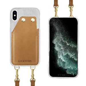 luckycoin for iphone xs max premium fabric top grain real leather slim crossbody phone case with card holder card slot adjustable & detachable leather strap for apple iphone xs max 6.5 inch white