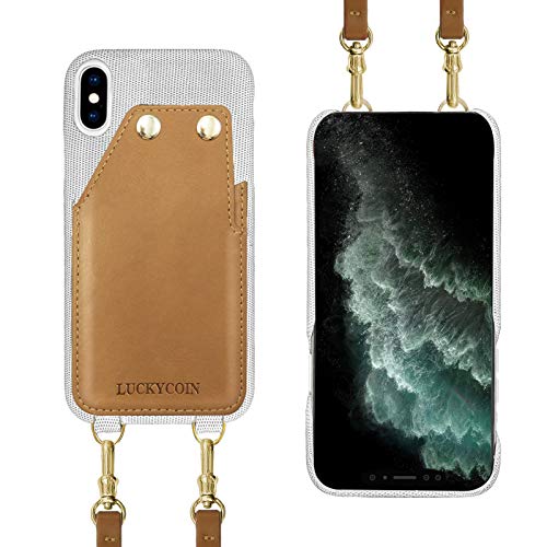 LUCKYCOIN for iPhone Xs Max Premium Fabric Top Grain Real Leather Slim Crossbody Phone Case with Card Holder Card Slot Adjustable & Detachable Leather Strap for Apple iPhone Xs Max 6.5 inch White