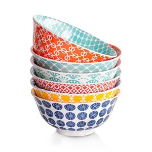 delling cereal bowls 20 oz - colorful bowls for kitchen, 6 inch ceramic bowl set for dessert, soup, rice, salad, snack - dishwasher, microwave, and oven safe - set of 6