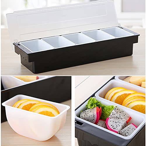 5 Compartment Plastic Dispenser Fruit Veggie Condiment Caddy with Lid，Ice Cooled Condiment Serving Container Chilled Garnish Tray Bar Caddy for Home Work or Restaurant (Black)