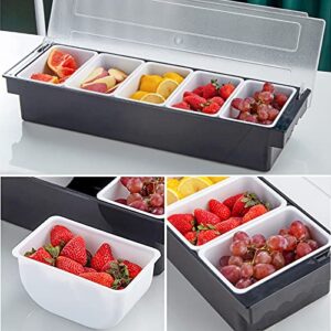 5 Compartment Plastic Dispenser Fruit Veggie Condiment Caddy with Lid，Ice Cooled Condiment Serving Container Chilled Garnish Tray Bar Caddy for Home Work or Restaurant (Black)