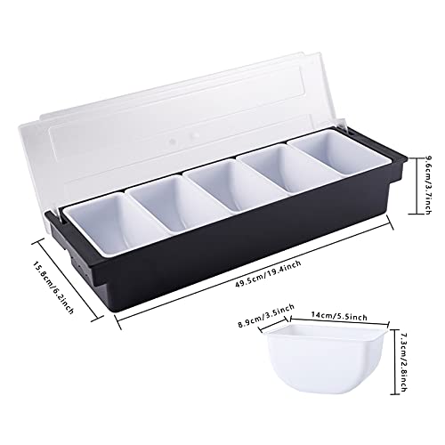 5 Compartment Plastic Dispenser Fruit Veggie Condiment Caddy with Lid，Ice Cooled Condiment Serving Container Chilled Garnish Tray Bar Caddy for Home Work or Restaurant (Black)