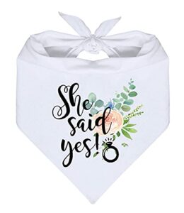 yhtwin she said yes wedding dog bandana, white flower pattern cotton triangle dog scarf, dog engagement wedding announcement photo props accessories for pet dog lovers gifts